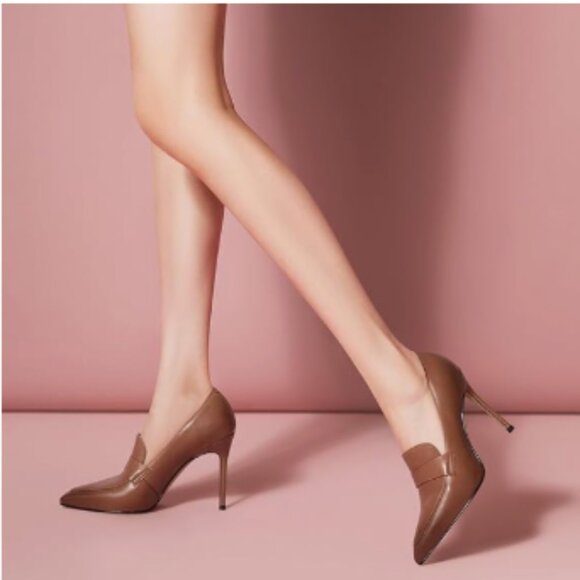 miss left Brown High Heel Loafer Pumps with Trim Pointed Toe Slip on Dress Shoe - Picture 1 of 8